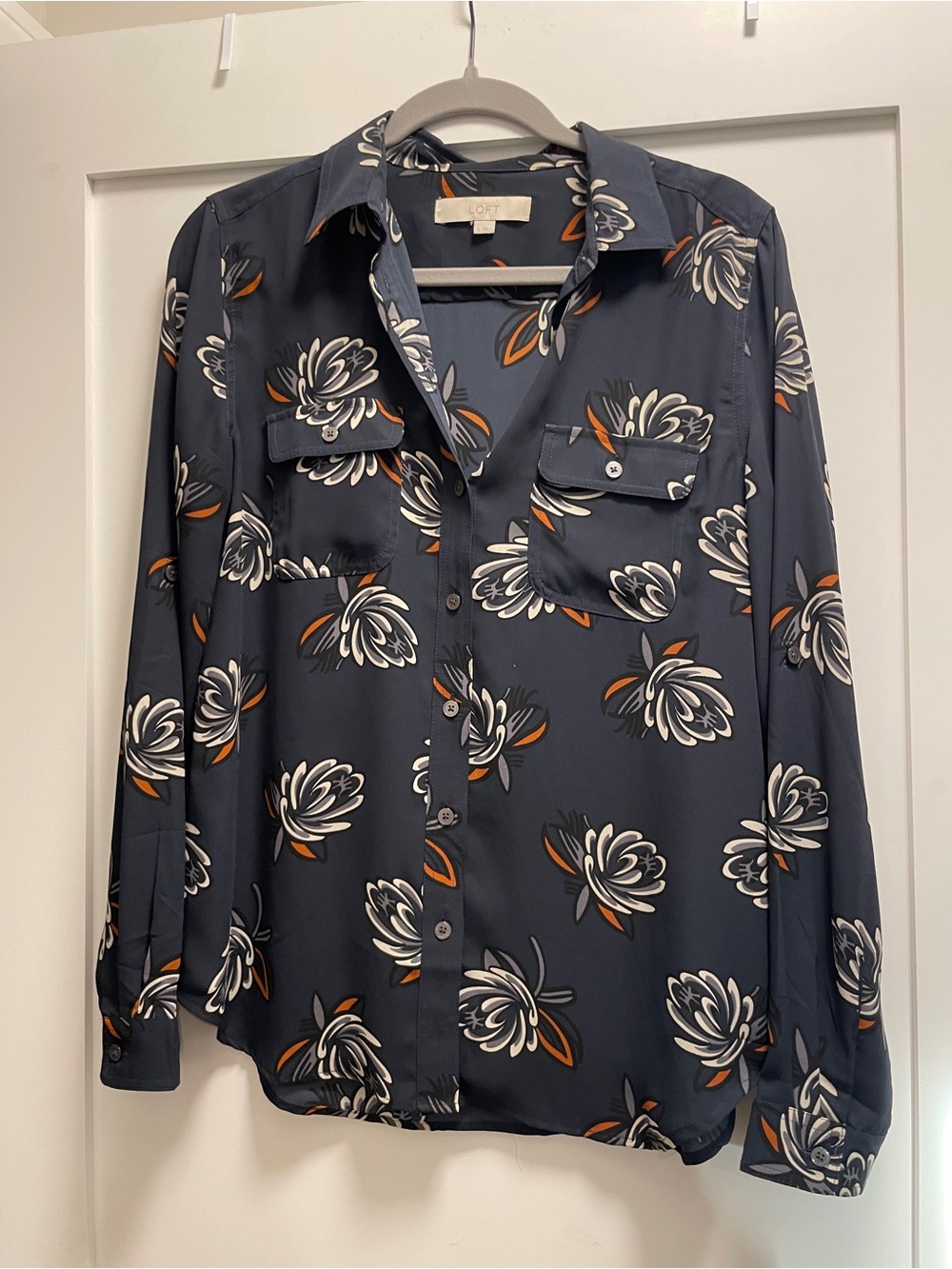 LOFT Navy Floral Button-Down Shirt with White and Orange Accents